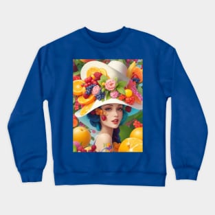 А woman with a white hat and some colorful fruity Crewneck Sweatshirt